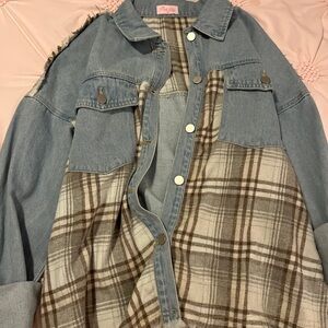 Pink Lily Blue and Brown Plaid Jean Jacket
